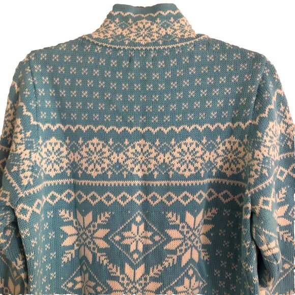 LL Bean Nordic Cardigan Sweater Womens Sz M Blue Fair Isle Heavy Cotton Zip Up - Picture 7 of 14